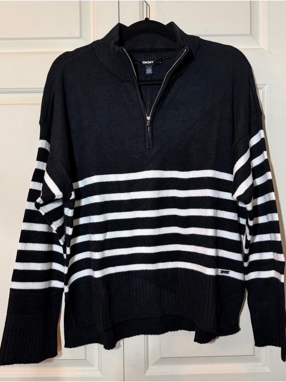 DKNY Women’s Black & White Striped Half-Zip Sweater